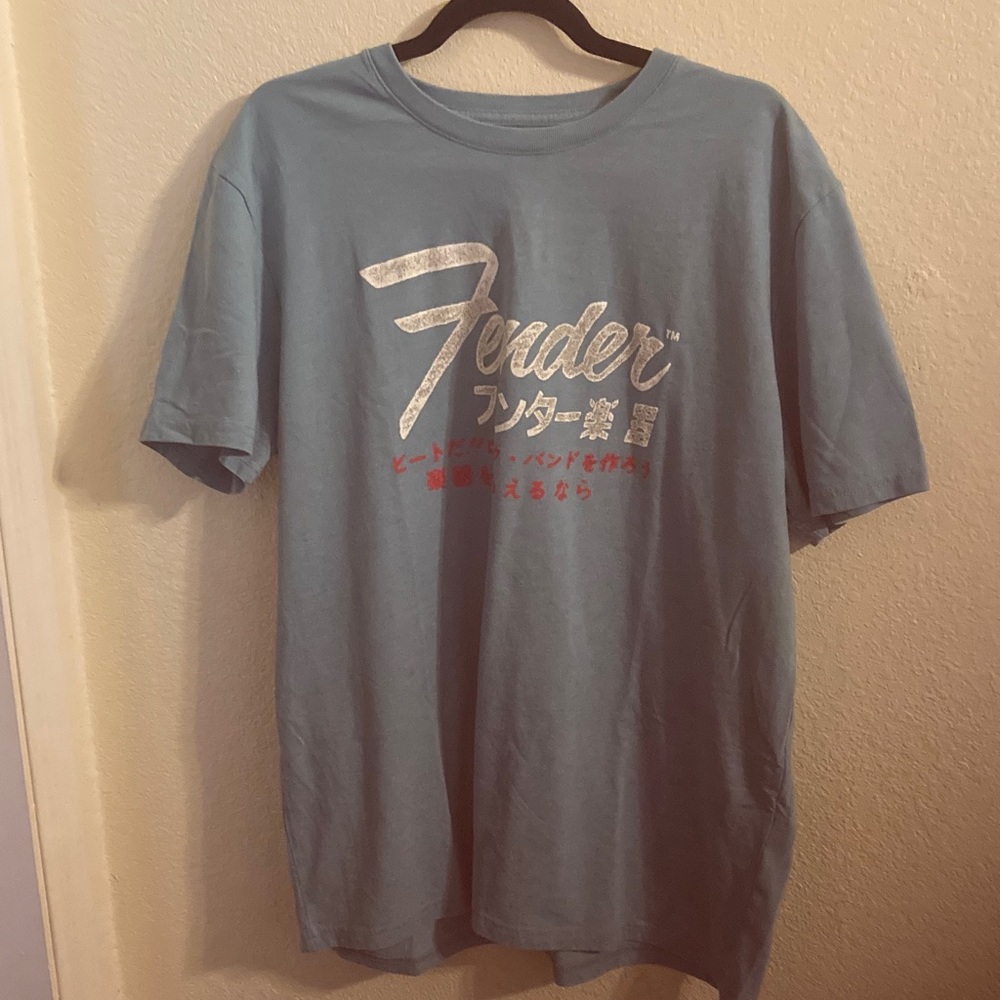 Fender Light Blue Graphic Logo Tee with Silver and Red Accents